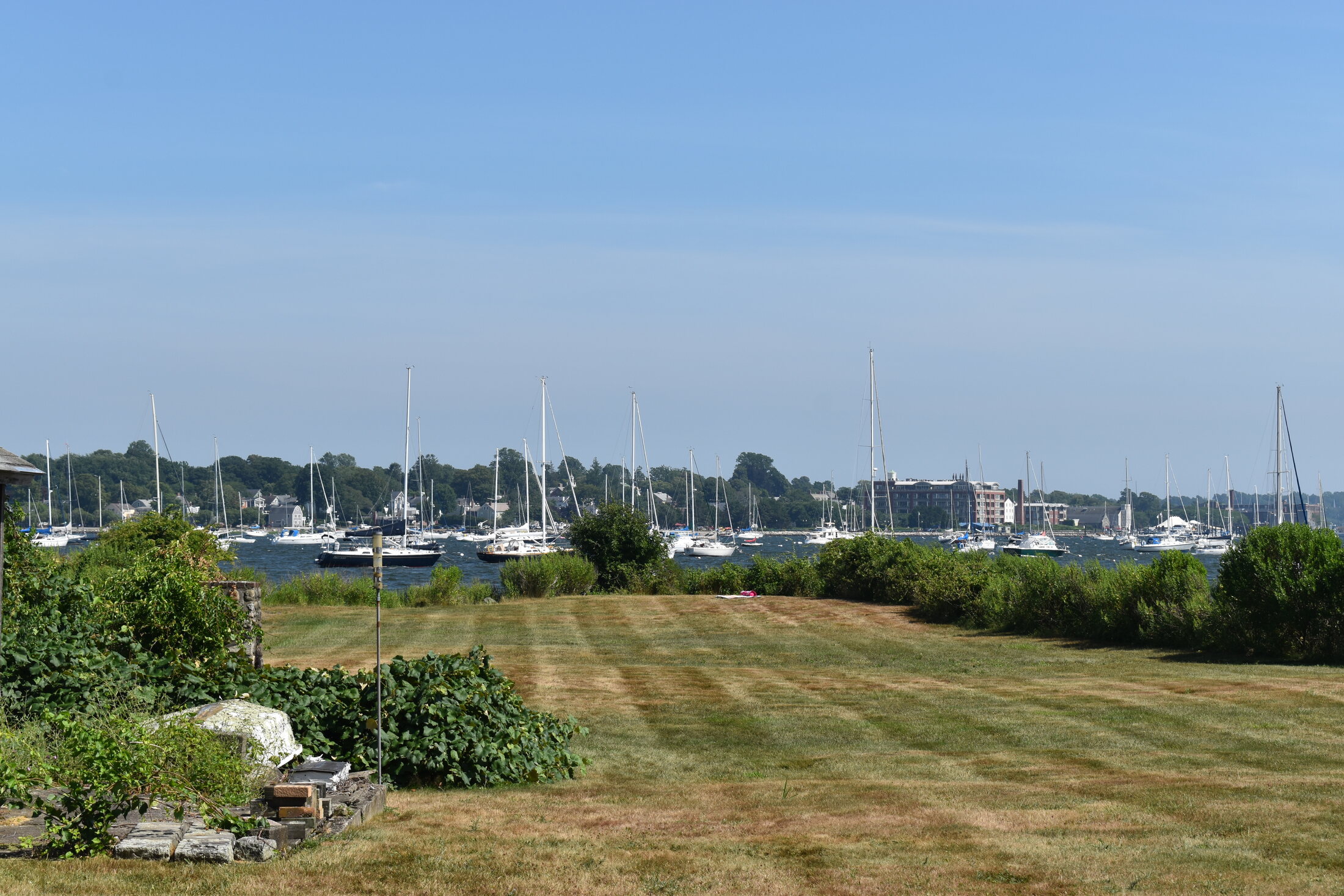 Waterfront beneath a blue sky